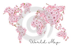 World map of cherry blossoms on a white background.